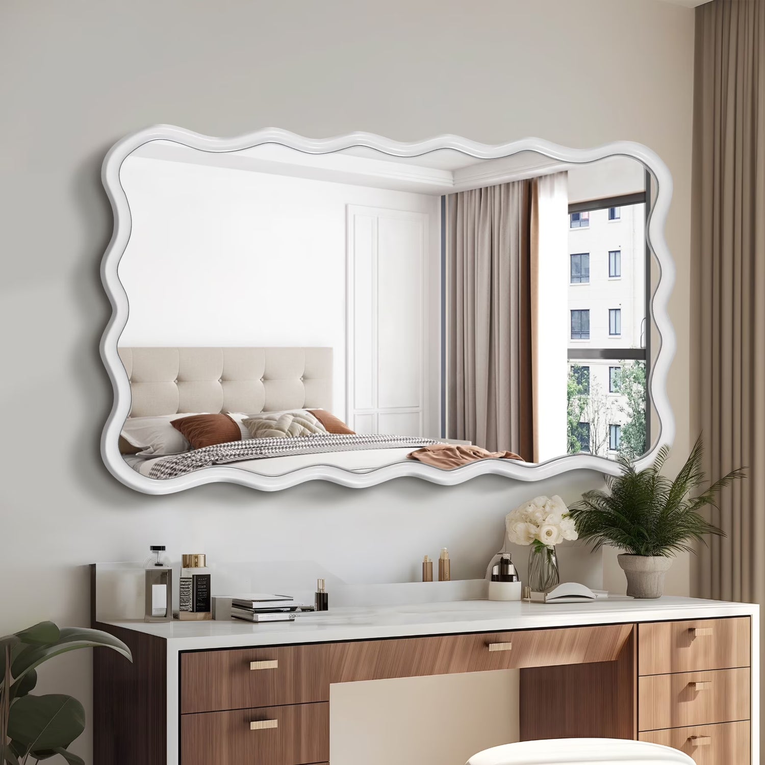 Solid Wood Wavy Frame Modern Mirror - 40x28 Inches Durable Farmhouse Wall Decor for Bathroom, Living Room & Entryway with Easy Install