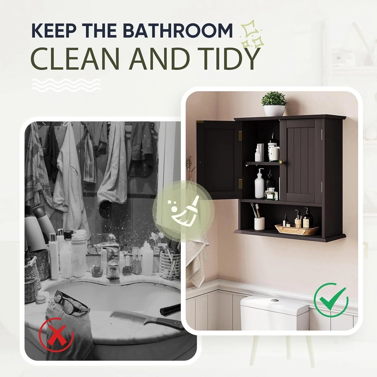 Brown Bathroom Cabinet Wall Mounted, Small Bathroom Medicine Cabinet with 2 Door Adjustable Shelves, Bathroom Wall Cabinet Over Toilet for Laundry Room Kitchen