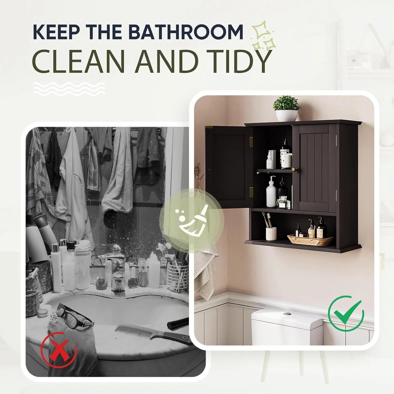 Brown Bathroom Cabinet Wall Mounted, Small Bathroom Medicine Cabinet with 2 Door Adjustable Shelves, Bathroom Wall Cabinet Over Toilet for Laundry Room Kitchen