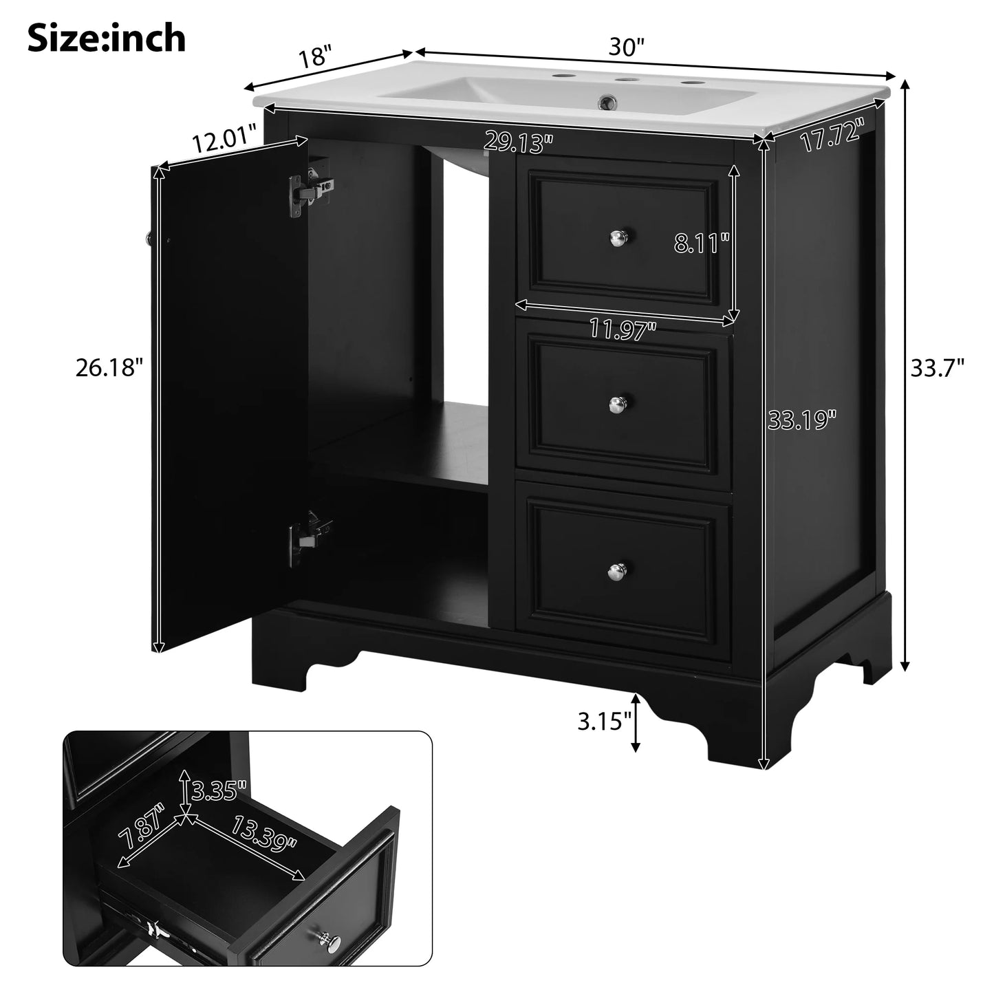 viswild 30" Bathroom Vanity with Ceramic Sink, Soft Close Drawers & Adjustable Shelf, Compact Freestanding Cabinet for Small Spaces, Black