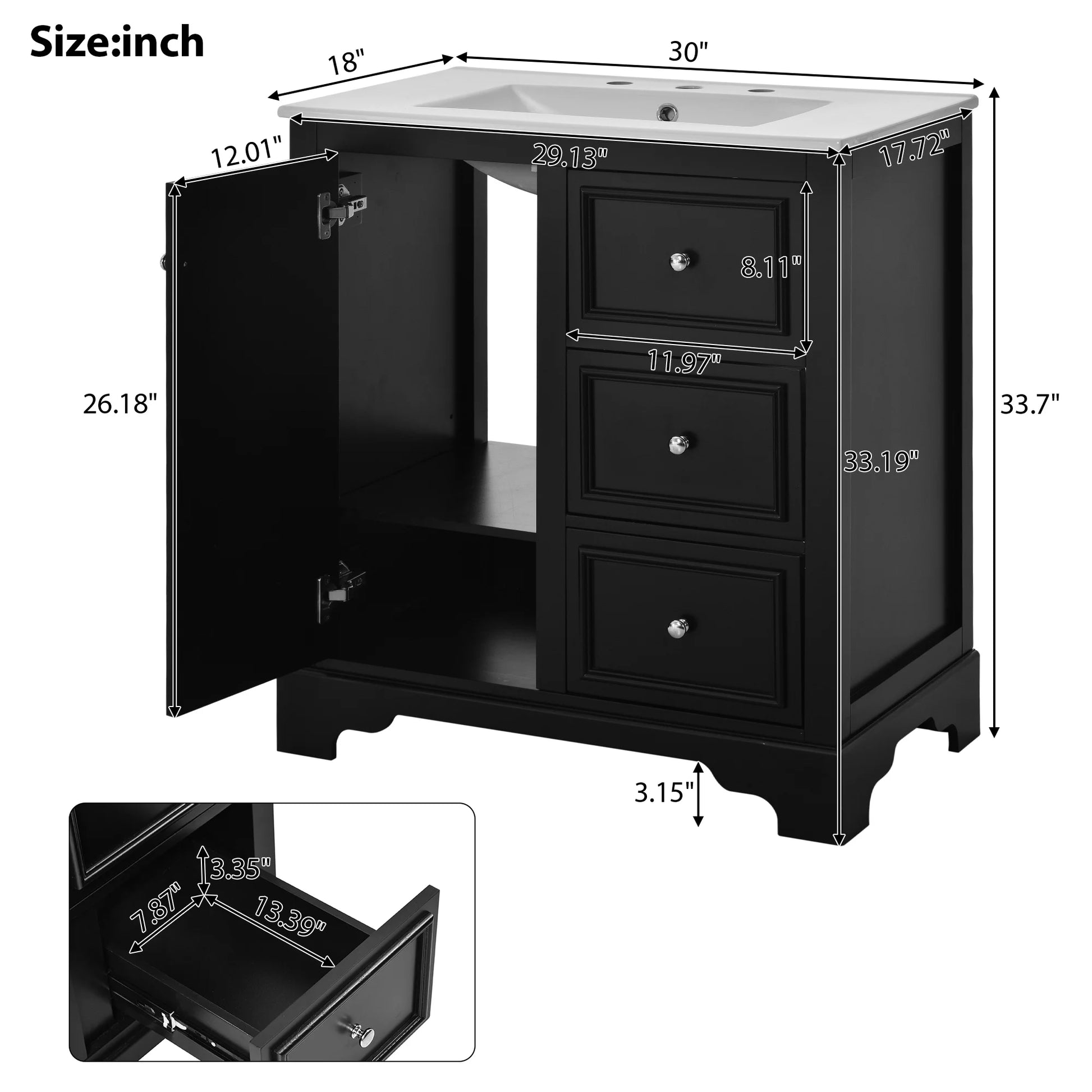 viswild 30" Bathroom Vanity with Ceramic Sink, Soft Close Drawers & Adjustable Shelf, Compact Freestanding Cabinet for Small Spaces, Black
