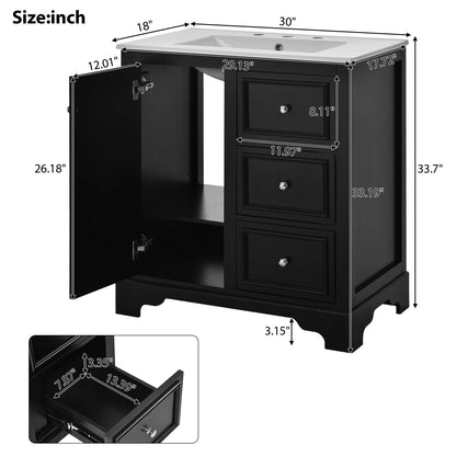 viswild 30" Bathroom Vanity with Ceramic Sink, Soft Close Drawers & Adjustable Shelf, Compact Freestanding Cabinet for Small Spaces, Black