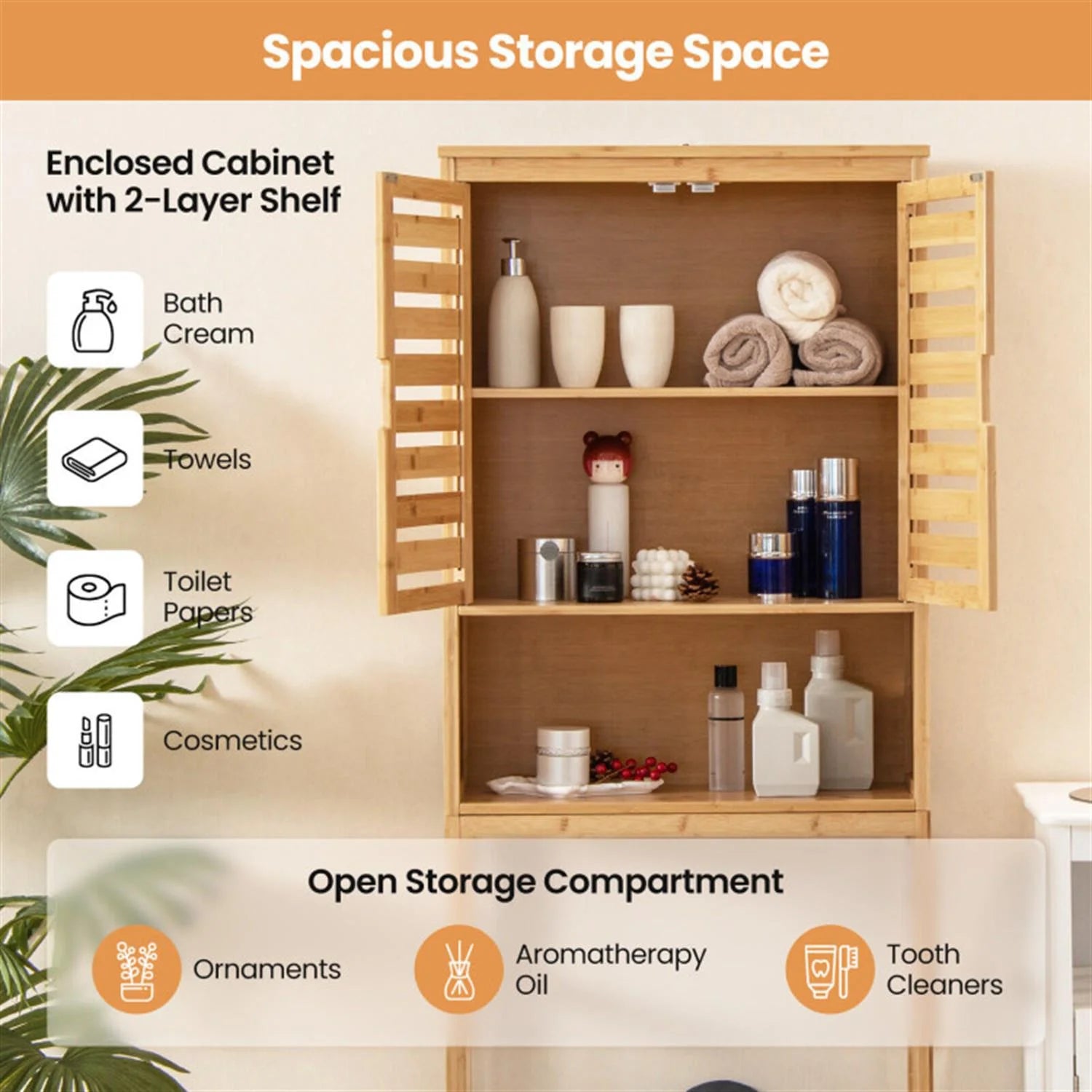 Finihen Bamboo Over The Toilet Storage Cabinet, Tall Bathroom Cabinet Organizer with Cupboard and Adjustable Shelves for Laundry Room, Balcony, Natural