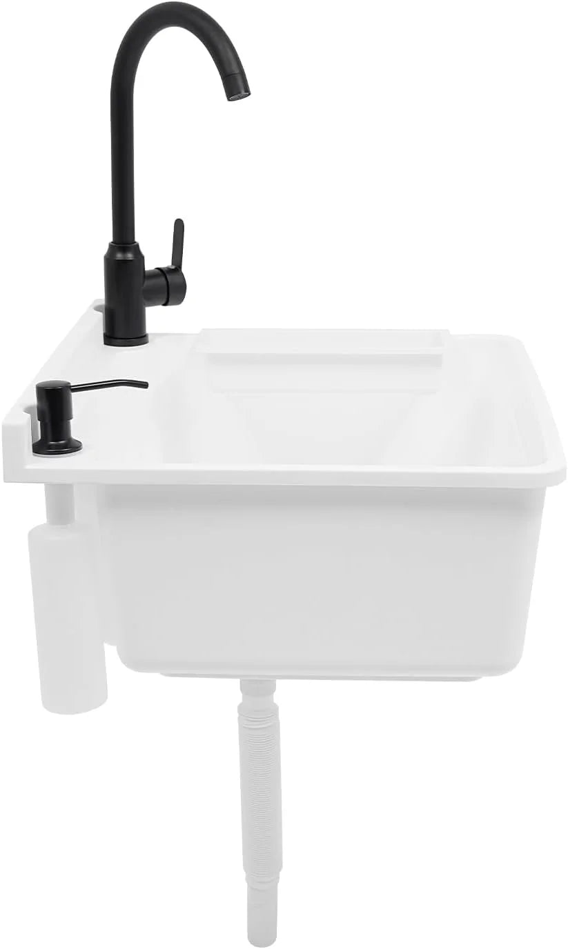 Wall-Mounted Utility Sink Tub Kit with Aluminum Alloy Faucet and Soap Box,Black Anti-clogging Laundry Sink for Bathrooms, Sundry Rooms, Garages(White)