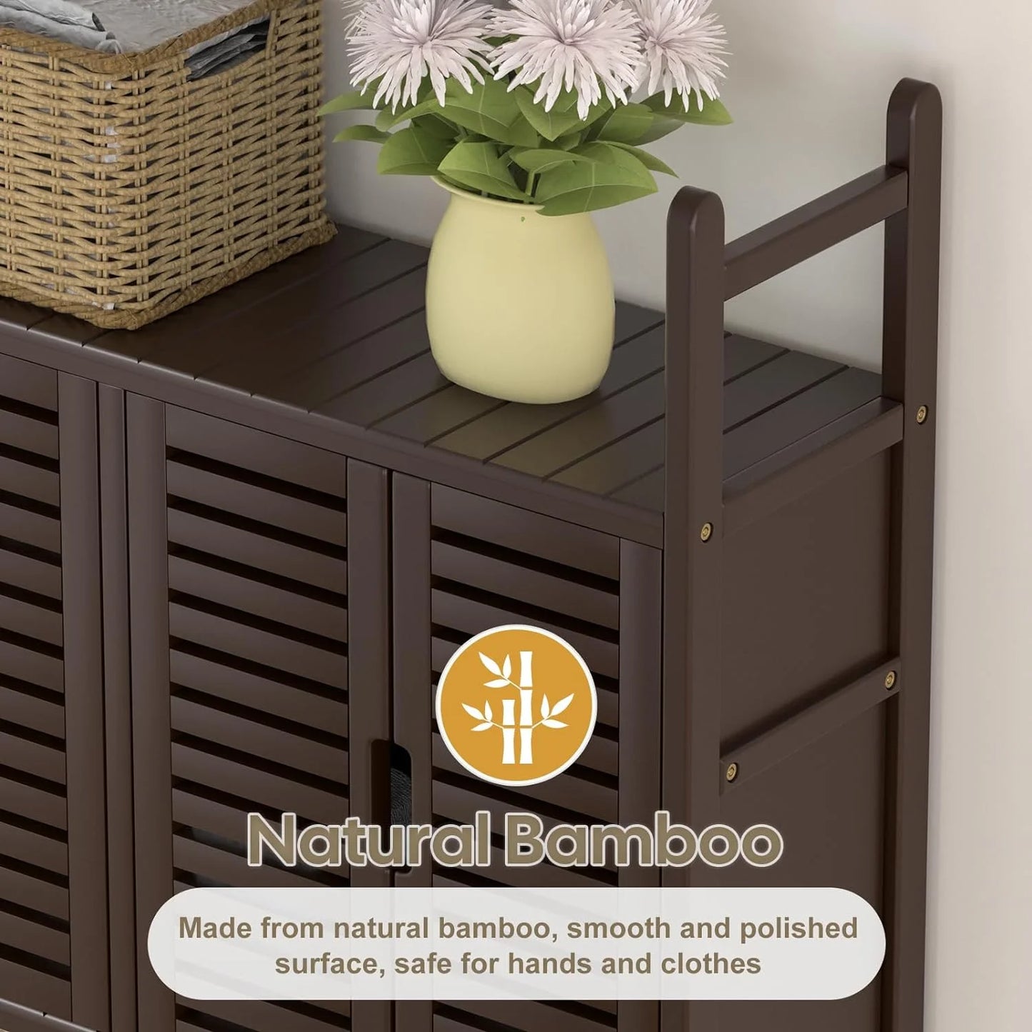 Over The Toilet Storage Cabinet with Paper Holder Stand,Bamboo Bathroom Organizer Shelf with Four Door and Waterproof Feet Pad,Space Saver Rack with Anti-Tip Design (Brown)