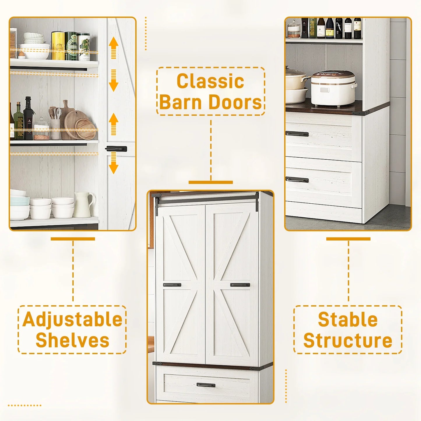 72''Tall Farmhouse Kitchen Pantry Cabinet, 3 Layers Storage Cabinet with Adjustable Shelves, 2 Drawer, Folding Door, Versatile Large Rustic Cabinet for Kitchen, Dining Room, Living Room, Bathroom