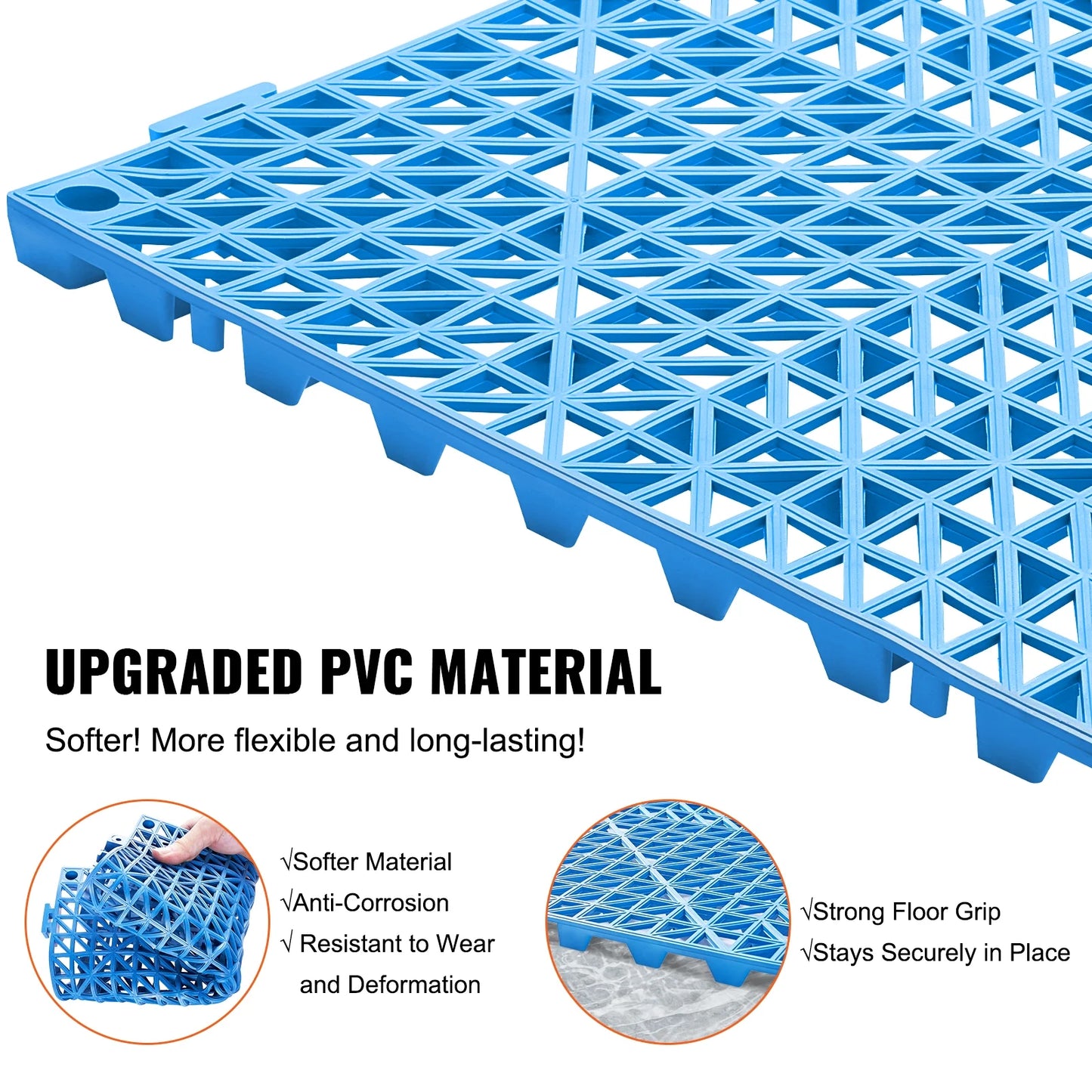 KFFKFF 55 PCS Interlocking Drainage Floor Mat 12" x 12" x 0.6" Modular Interlocking Cushion PVC Non-Slip Drainage Tiles Mats for Pool, Bathroom, Shower, Deck, Patio (Blue)