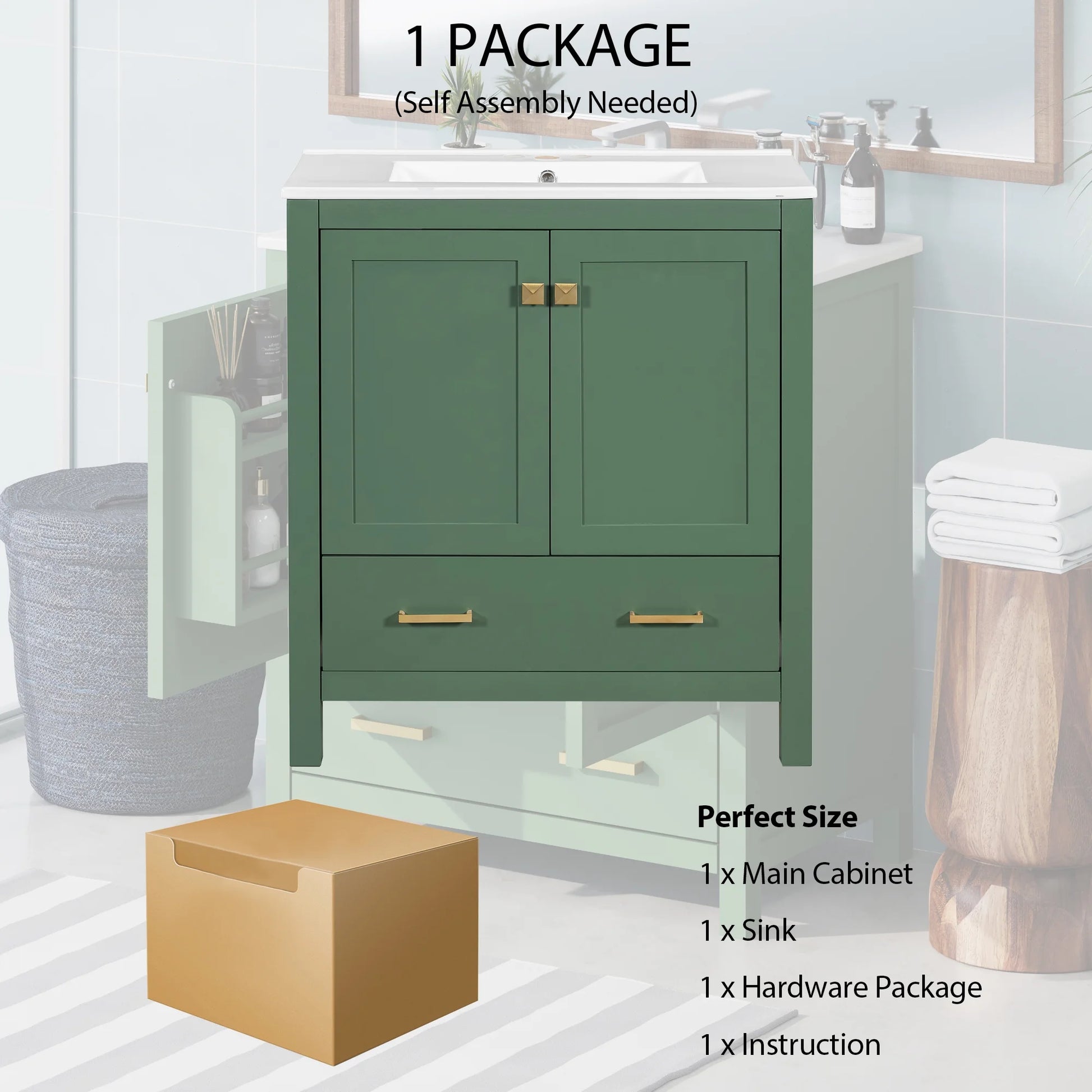 Harper & Bright Designs 30" Bathroom Vanity with Sink Combo, Bathroom Cabinet with Ceramic Top, Multifunctional Storage Doors and Drawer, Green