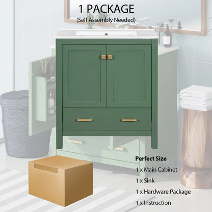 Harper & Bright Designs 30" Bathroom Vanity with Sink Combo, Bathroom Cabinet with Ceramic Top, Multifunctional Storage Doors and Drawer, Green