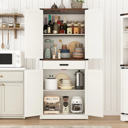 72" Tall Farmhouse Kitchen Pantry Cabinet w/1 Drawer & 4 Roomy Storage Shelves, Versatile Wood Storage Cabinet with 4 Barn Door & Adjustable Shelves & for Dining Room Bathroom Utility Room