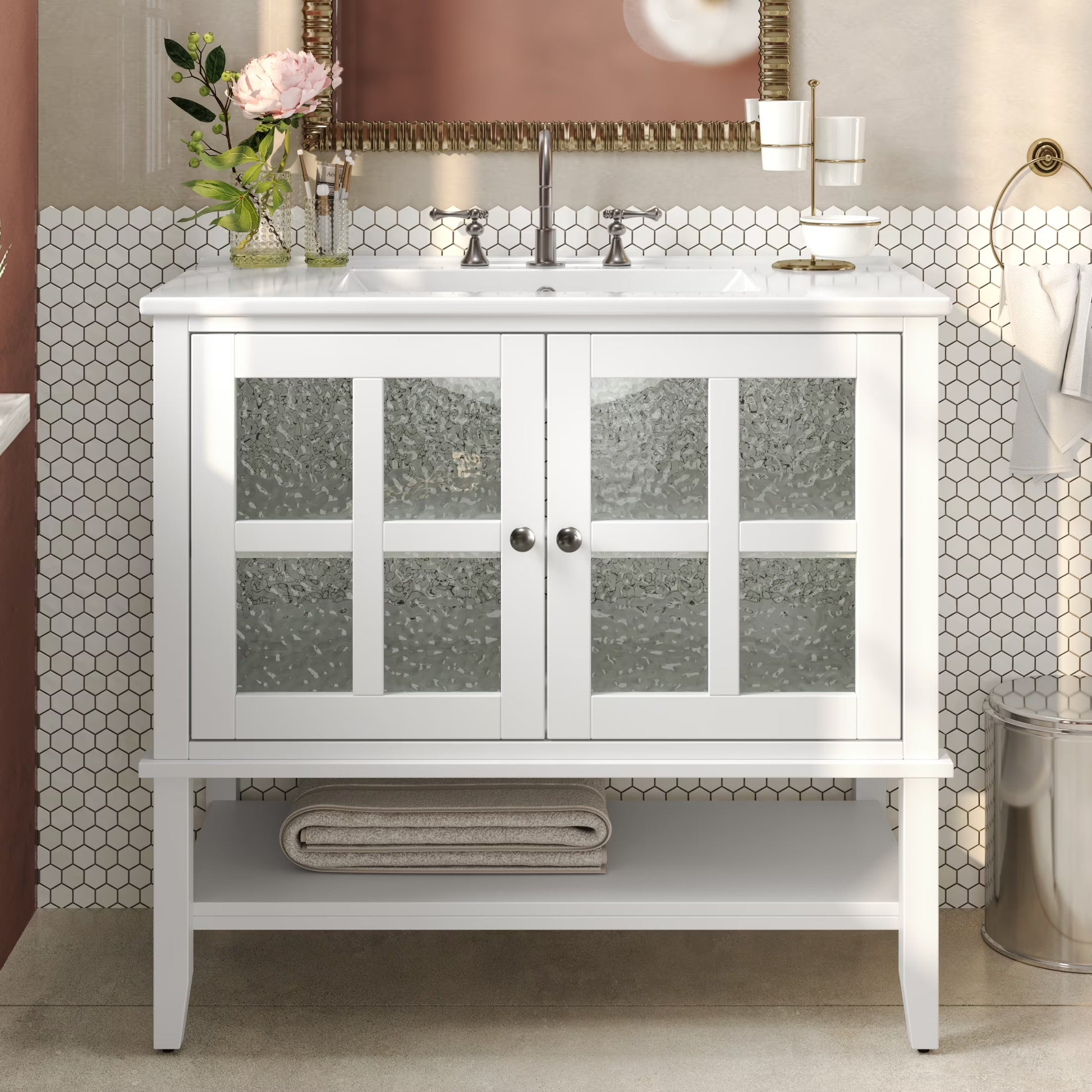 Christopher Knight Home 36" Bathroom Vanity with Sink, Textured Glass Doors, Open Shelf, White