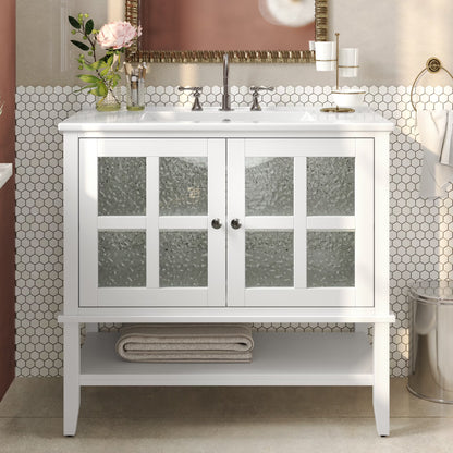 Christopher Knight Home 36" Bathroom Vanity with Sink, Textured Glass Doors, Open Shelf, White