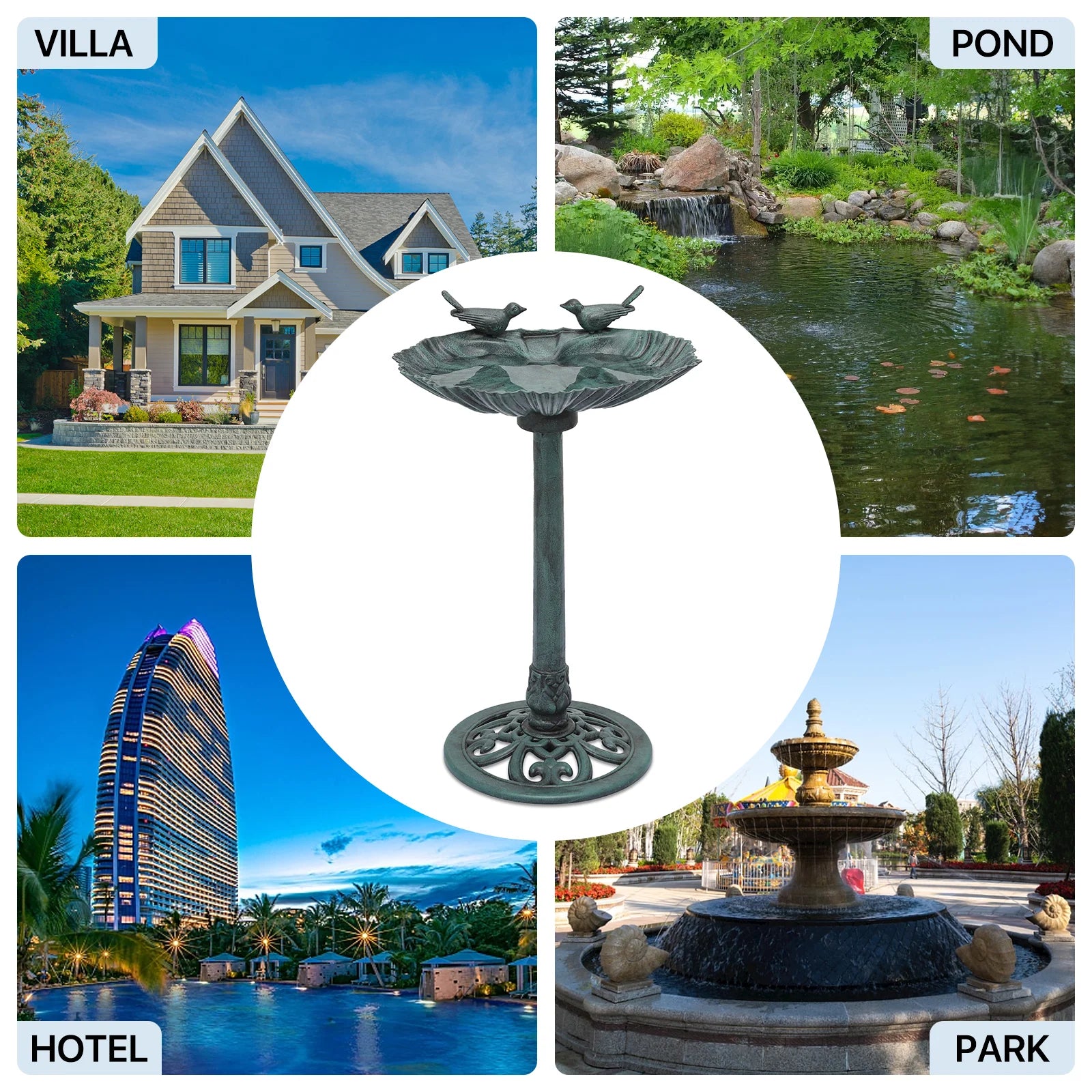 MoNiBloom Outdoor Pedestal Bird Bath with Solar Pumb, for Garden Patio Backyard Décor, Green