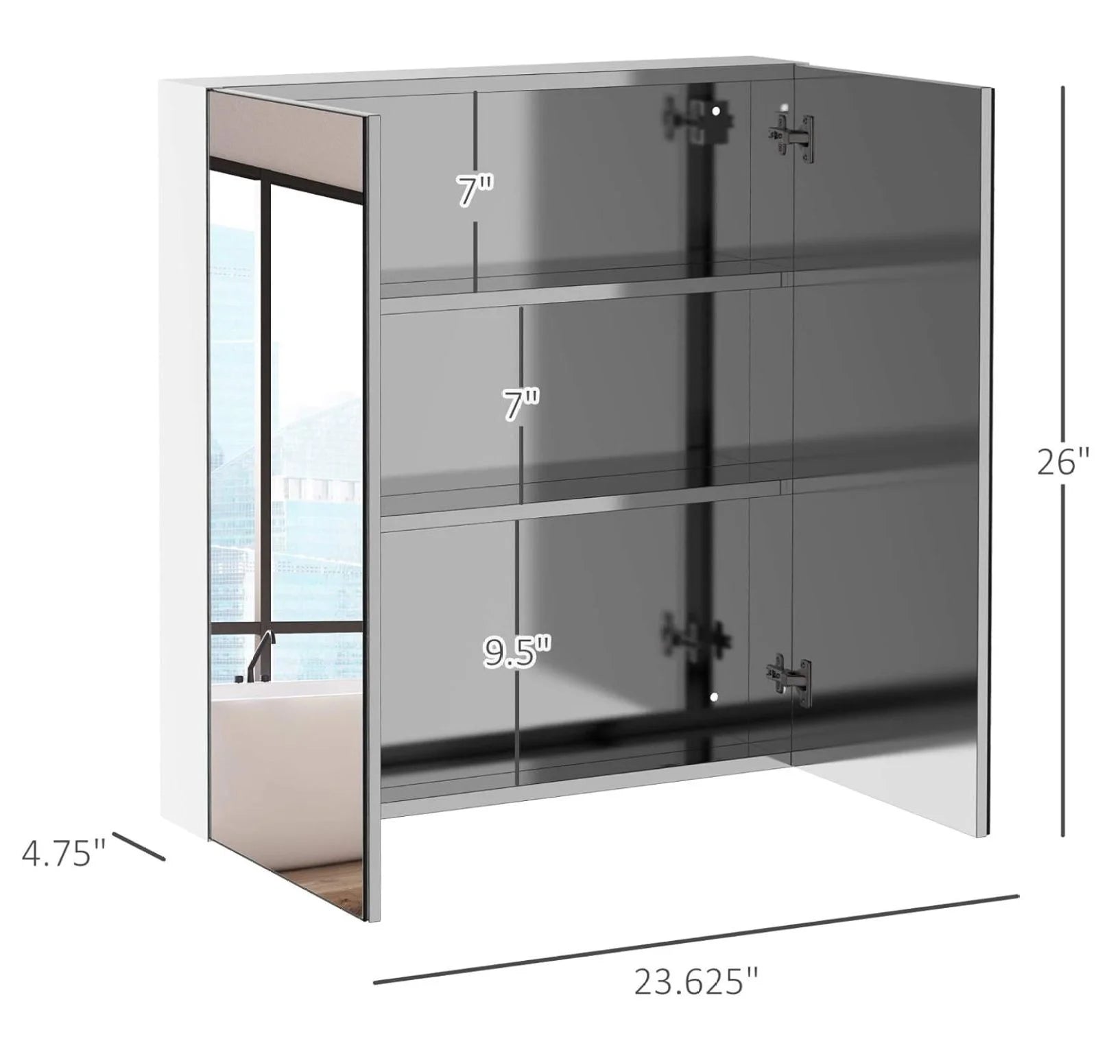 Alieon Bathroom Mirrored Cabinet, 24"x26" Stainless Steel Frame Medicine Cabinet, Wall-Mounted Storage Organizer with Double Doors, Silver