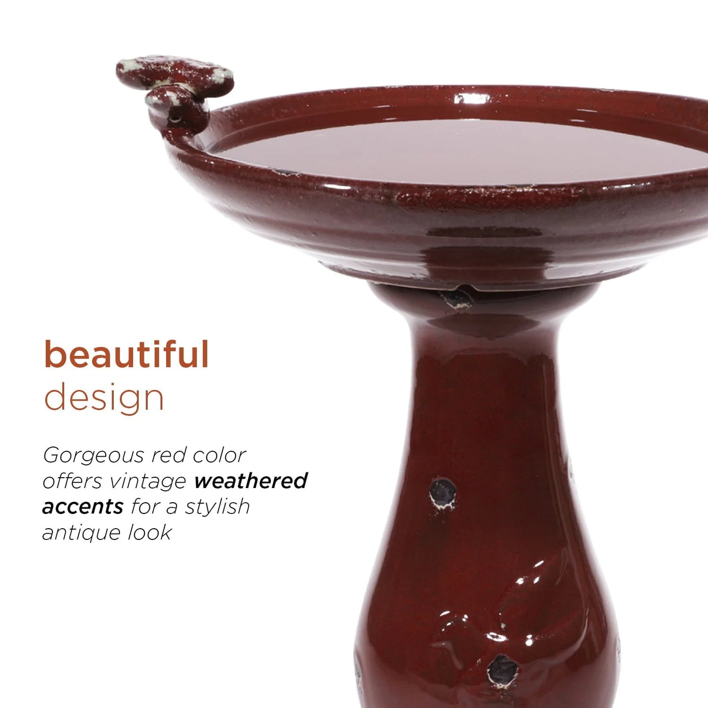 Alpine Corporation Ceramic Pedestal Birdbath with 2 Bird Figurines, Deep Red