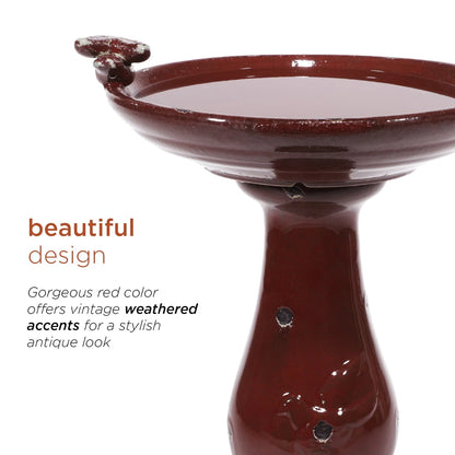 Alpine Corporation Ceramic Pedestal Birdbath with 2 Bird Figurines, Deep Red