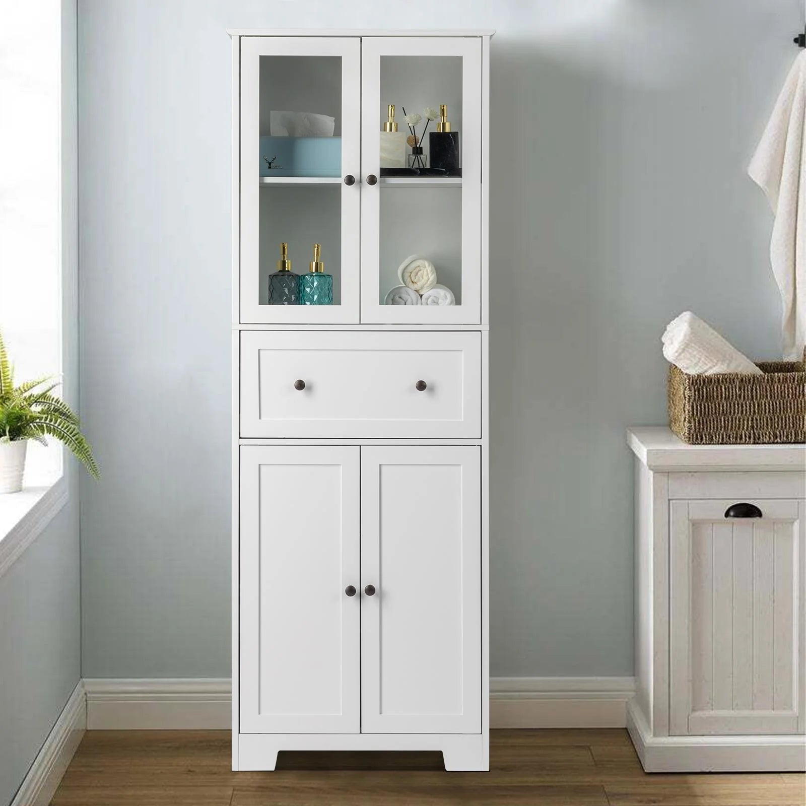 UBesGoo 64"H Pantry Cabinet, Tall Bathroom Closet Storage Organizer, with 2 Glass Doors Cabinets & Large Drawer, for Kitchen Living Room Bedroom Laundry Room Entryway Office, White