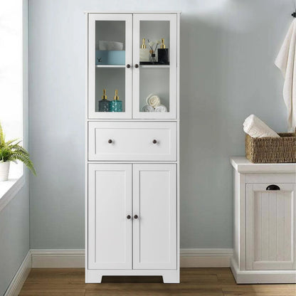 UBesGoo 64"H Pantry Cabinet, Tall Bathroom Closet Storage Organizer, with 2 Glass Doors Cabinets & Large Drawer, for Kitchen Living Room Bedroom Laundry Room Entryway Office, White