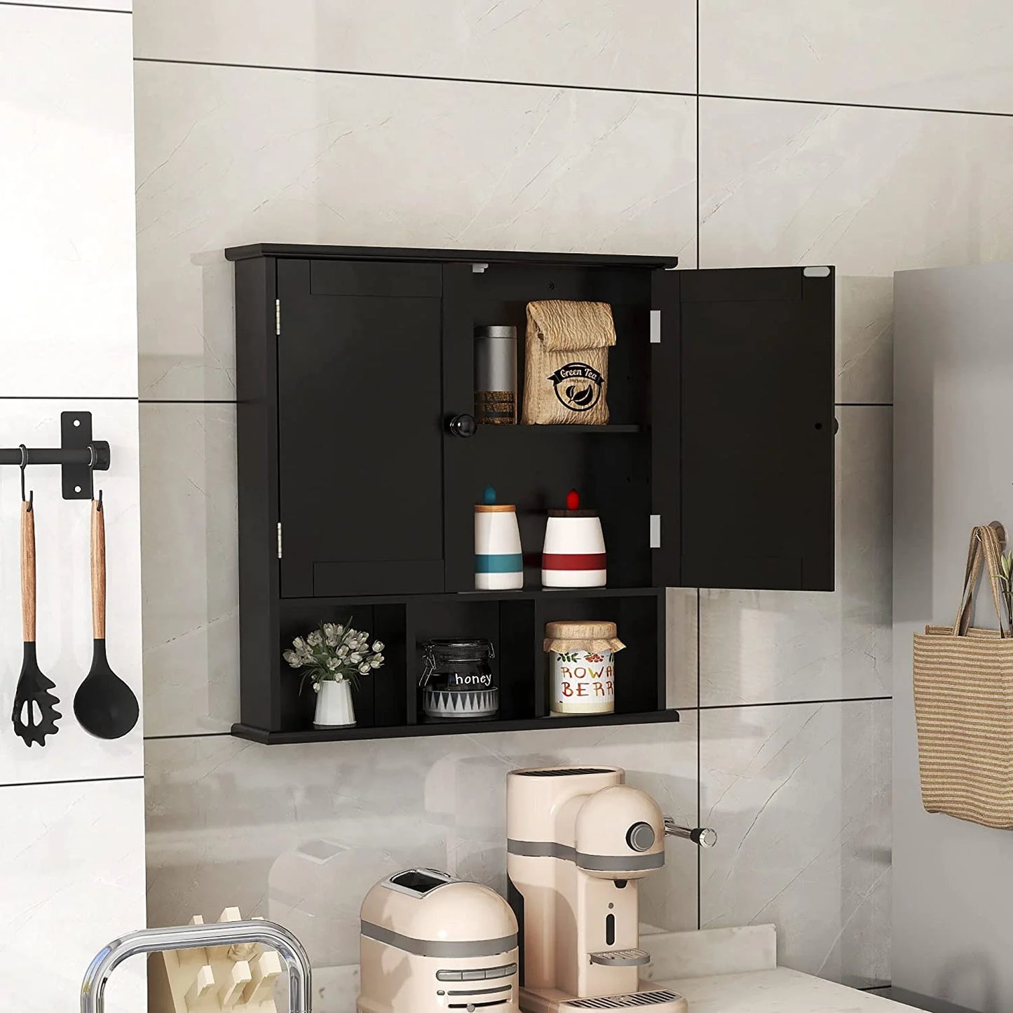 Black Bathroom Cabinet, Wall Mounted 2 Door Storage With Adjustable Shelves, Over The Toilet Medicine Cabinet for Laundry Room Kitchen