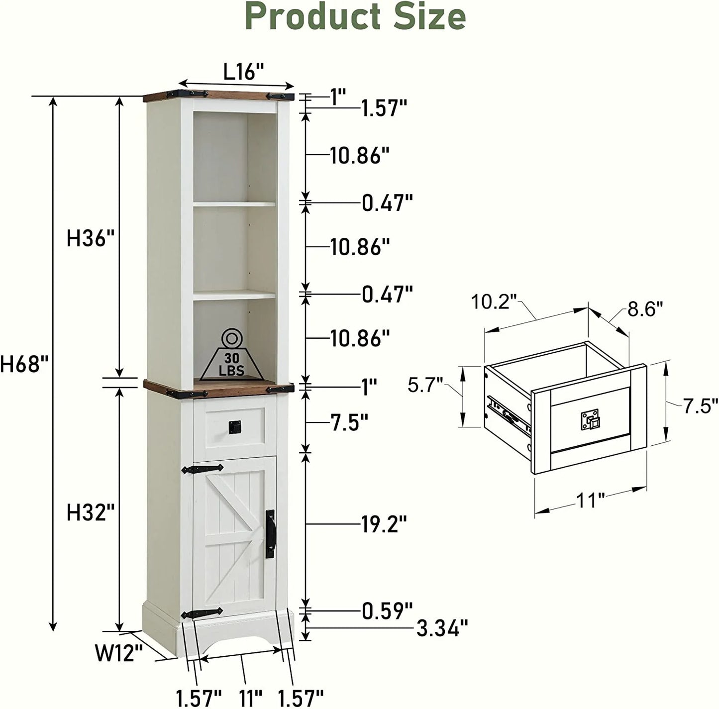 OKD Farmhouse Bathroom Organizers and Storage, Narrow Tall Cabinet Storage Tower with Door and Drawer, Light Rustic Oak