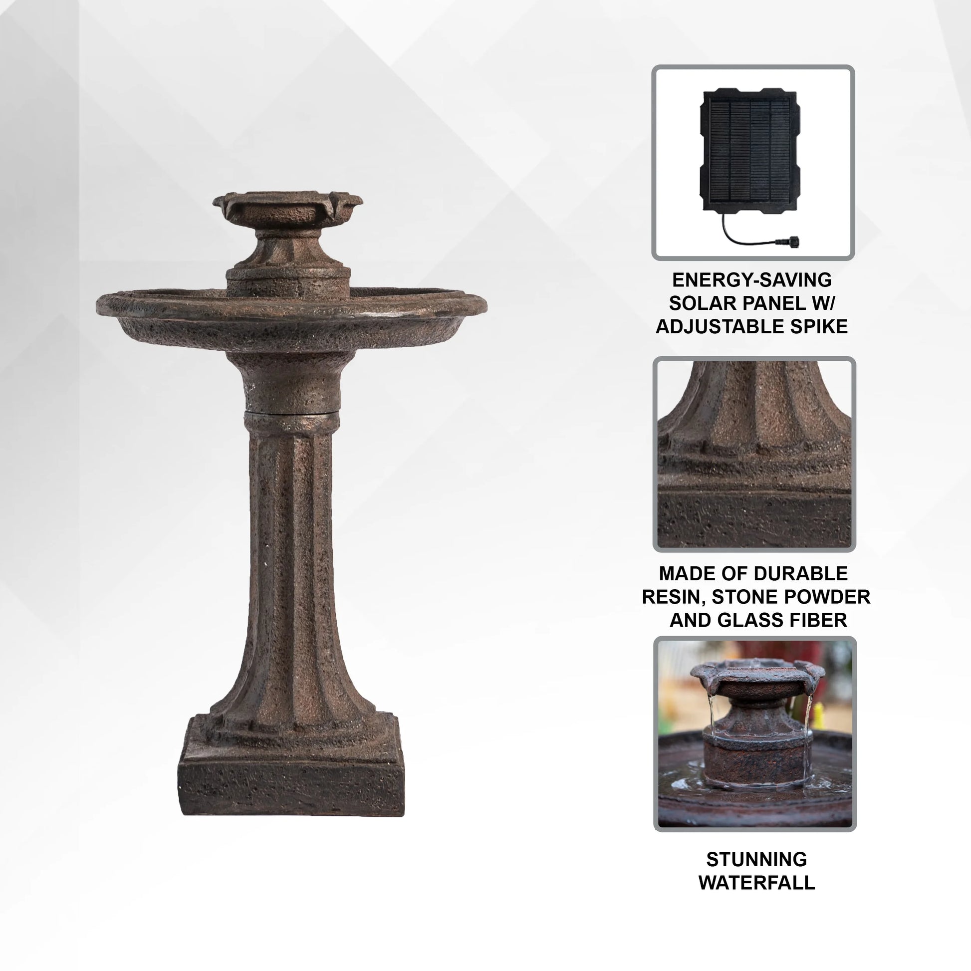 XBrand 28" Solar Water Fountain, 1-Tier, Outdoor Birdbath, Brown Resin, With Solar Panel, Solar Pump, Lawn and Garden, Garden Décor, Garden Water Feature