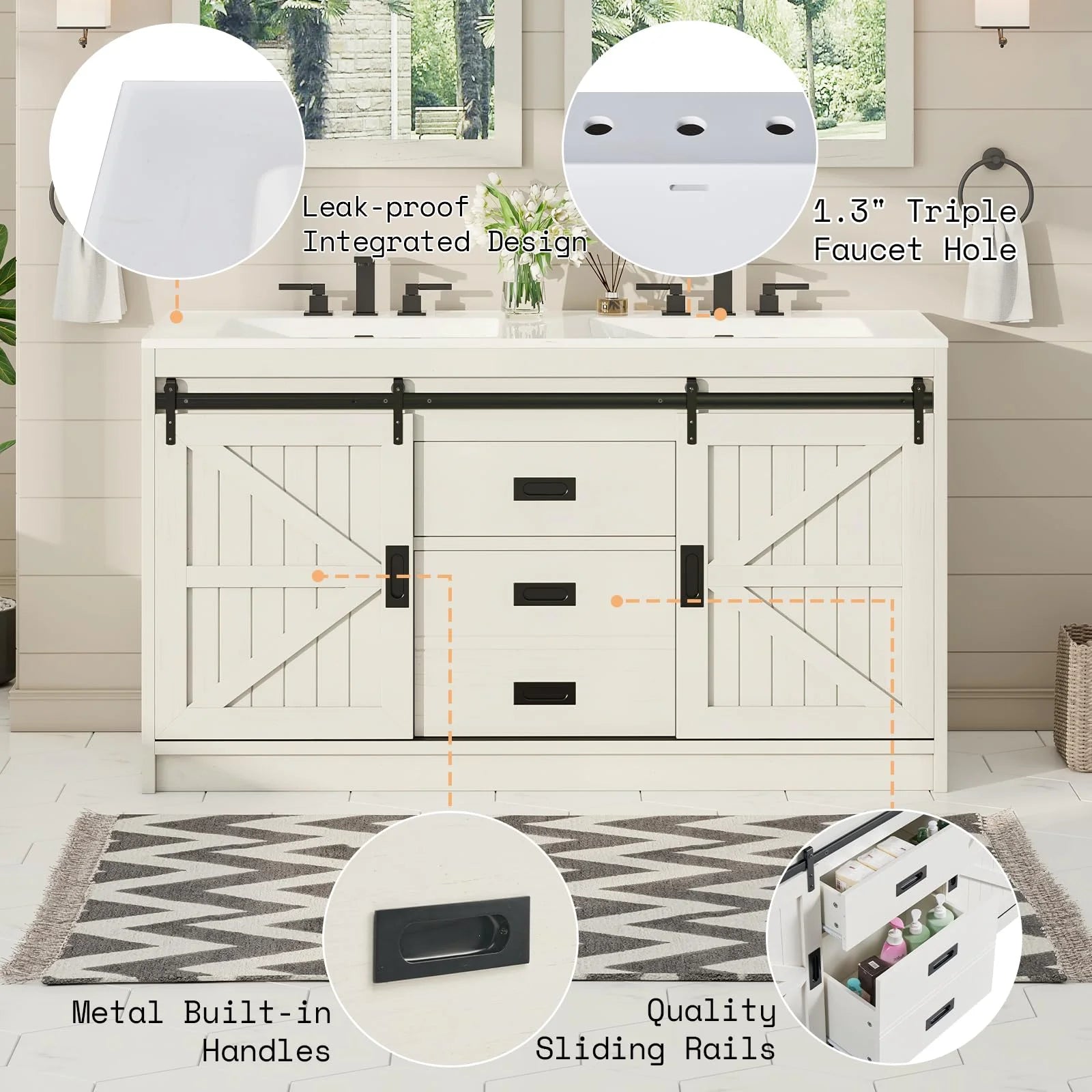 Merluxy 61" Farmhouse Double Bathroom Vanity with Sink Combo, Dual Basin Bathroom Storage Cabinet, Large Double Bath Vanity Sink Set, Rustic White