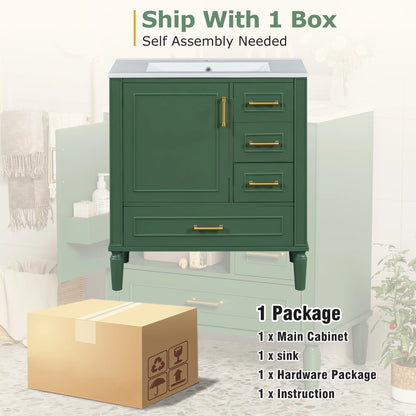 ENSHUI Traditional 30-Inch Bathroom Vanity Set, Floor Standing, with Three Drawers, Soft Close Doors, Long Gold Metal Handles
