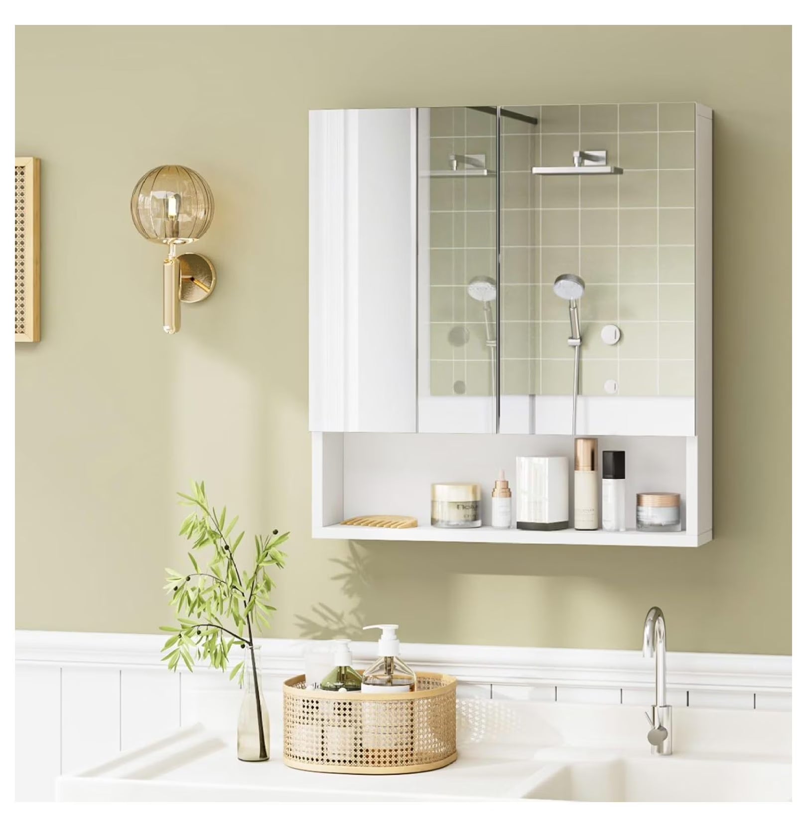 Bathroom Wall Cabinet Medicine Cabinet, Wall Mounted Bathroom Mirror with Storage Mirror Cabinet with 2 Doors and Adjustable Shelf, Laundry Living Room, White