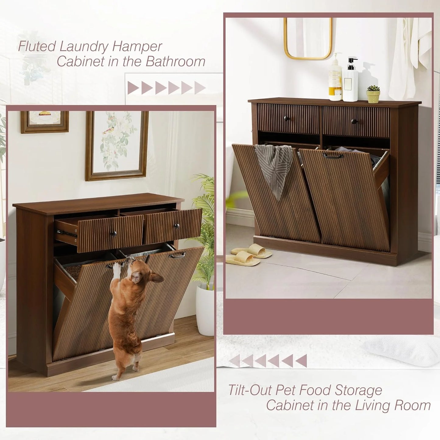 Haverchair Double Tilt Out Laundry Hamper Cabinet, Modern Fluted Trash Can Cabinets with Drawer, Wooden Hidden Garbage Cabinet for Kitchen and Bathroom