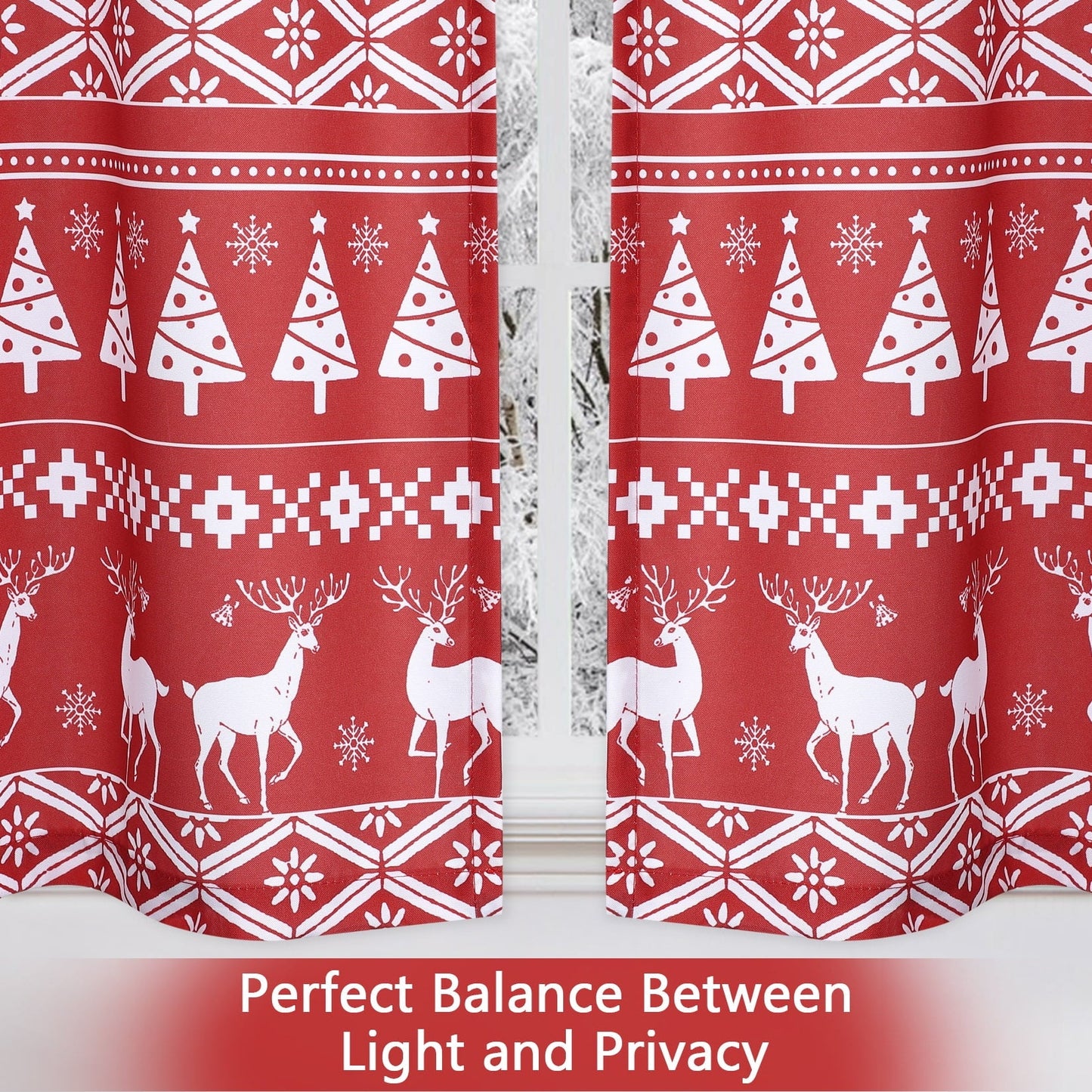 ZACOO 26"Wx24"L Red Christmas Kitchen Curtains Xmas Tree and Deer Pattern Bathroom Window Curtain Boho Style Half Window Curtains Light Filtering, Set of 2