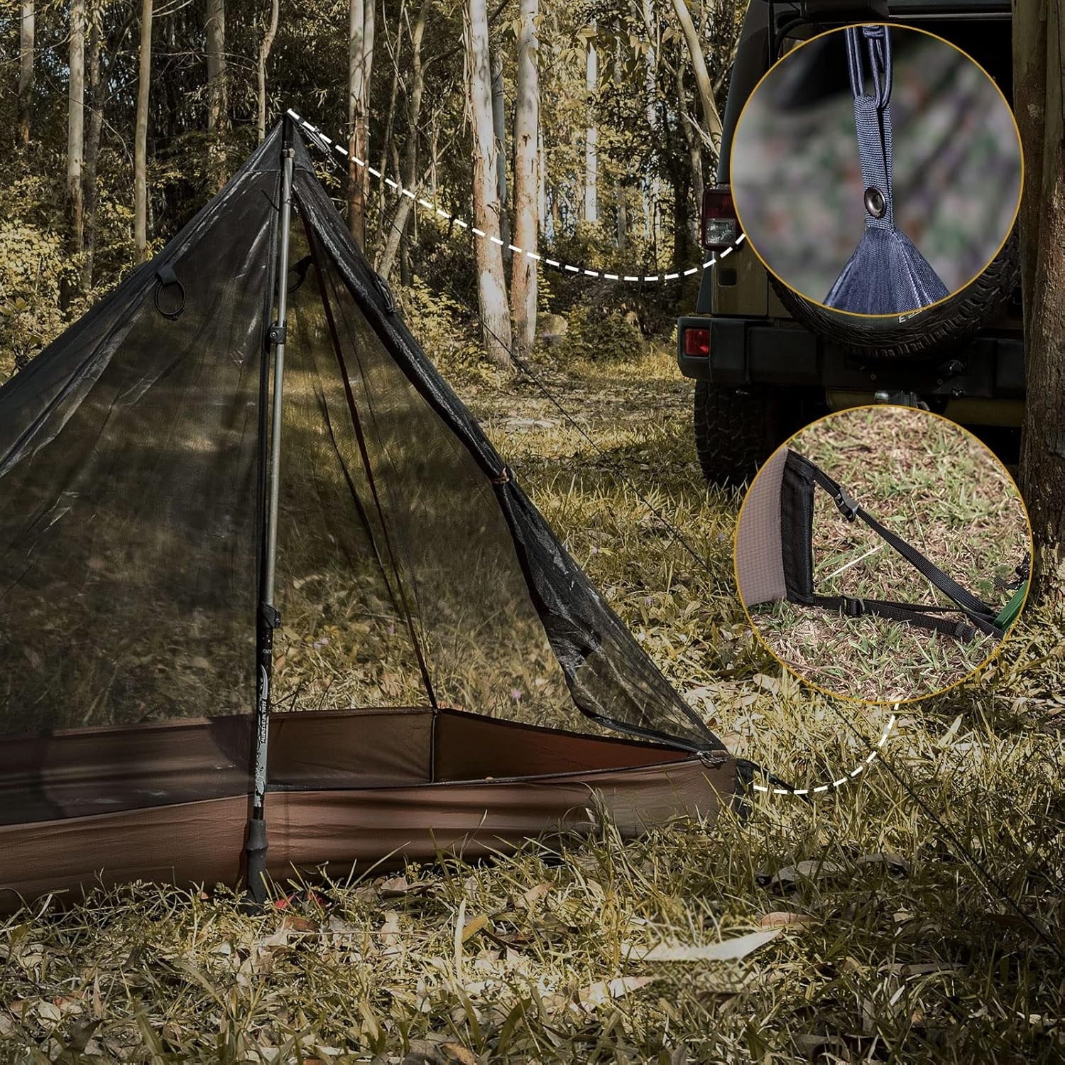 1-Person Ultralight Mesh Teepee Tent with Waterproof Bathtub Floor, Screen Room for Outdoor Camping, Hiking, Backpacking, Bushcraft, and Hot Tent Shelter