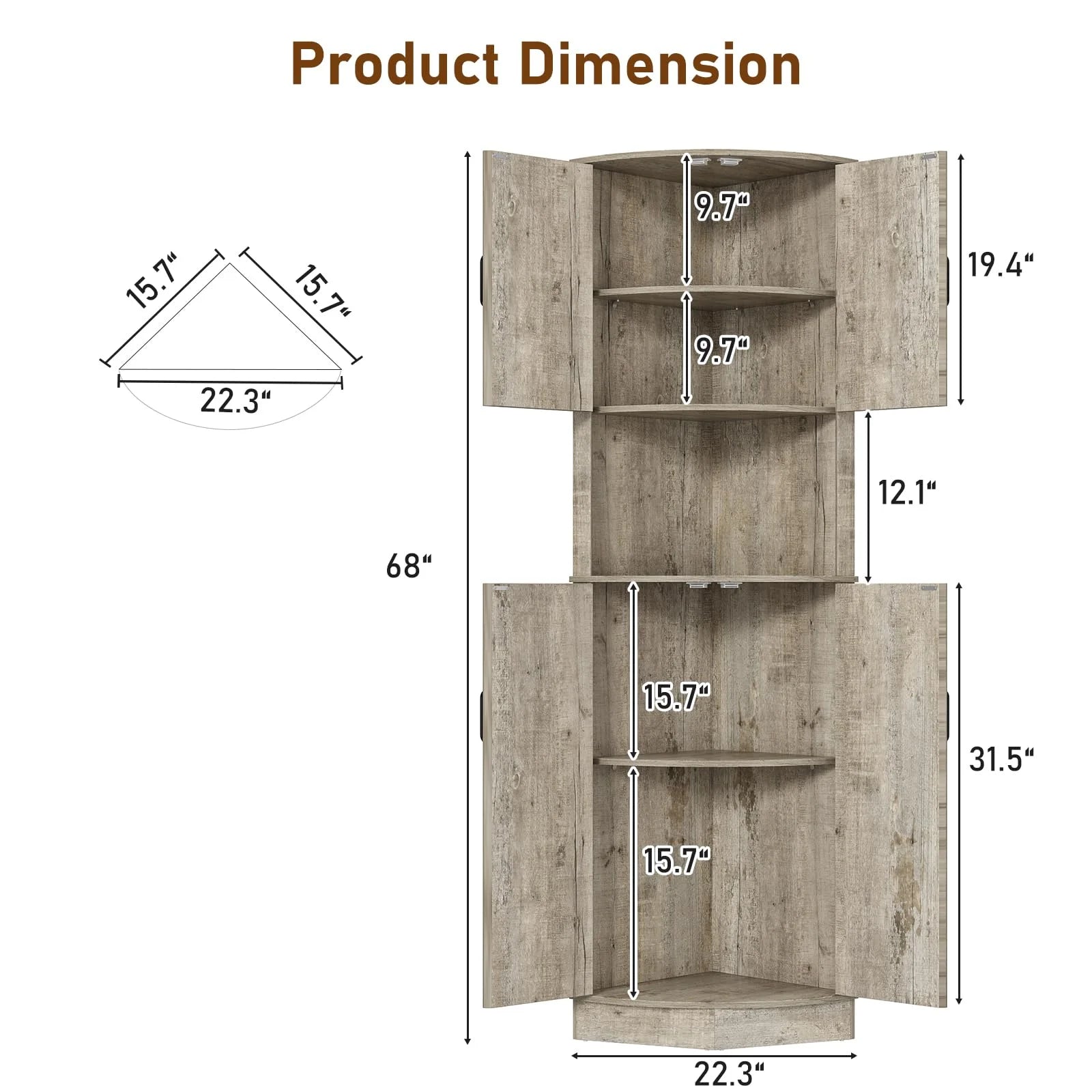 ChVans Farmhouse 68" Tall Corner Cabinet w/4 Barn Doors, 5 Tier Bookcase Storage Cabinet with Adjustable Shelves, Corner Storage Cabinet for Bathroom,Living Room,Kitchen, Brown
