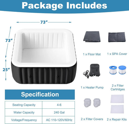 73 inch Outdoor Inflatable Hot Tub with 130 Bubble Air Jets, 4-6 Person Square Portable Hottub Spa with LED Control Panel, Blow Up Spa Bathtub with 2 Filter, Temperature up to 104��F