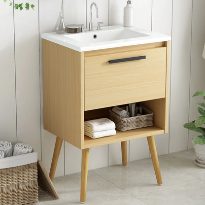 Harper & Bright Designs 24" Bathroom Vanity with Sink Set, Bathroom Vanity Cabinet with Ceramic Top and Drawer, Natural