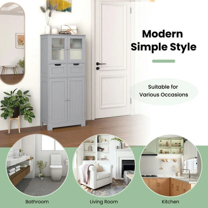 Resenkos 4 Door Freee-Standing Bathroom Cabinet with 2 Drawers and Glass Doors-Gray, Bathroom Cabinets for Entryway Storage, Home Office Furniture