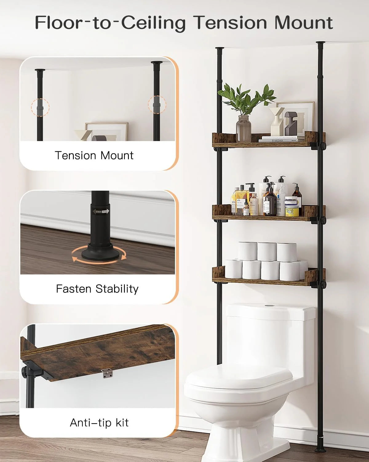 Adjustable Over The Toilet Storage Cabinet, Tension Mount Bathroom Organizers and Storage Over Toilet with 3 Tier Shelves, Over Toilet Bathroom Organizer Fit 92-116 Inch Tall, Rustic Brown