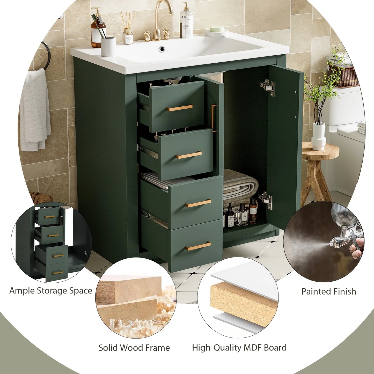 ENSHUI 30-Inch Bathroom Vanity with Ceramic Sink Combo, Solid Wood Frame, 4 Drawers, Soft Closing Doors, Green