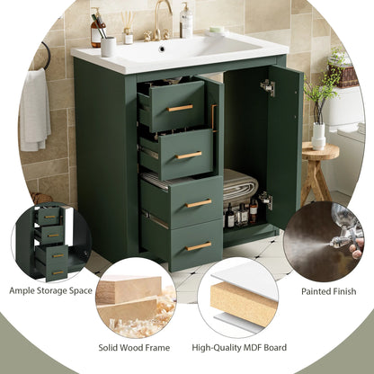 ENSHUI 30-Inch Bathroom Vanity with Ceramic Sink Combo, Solid Wood Frame, 4 Drawers, Soft Closing Doors, Green