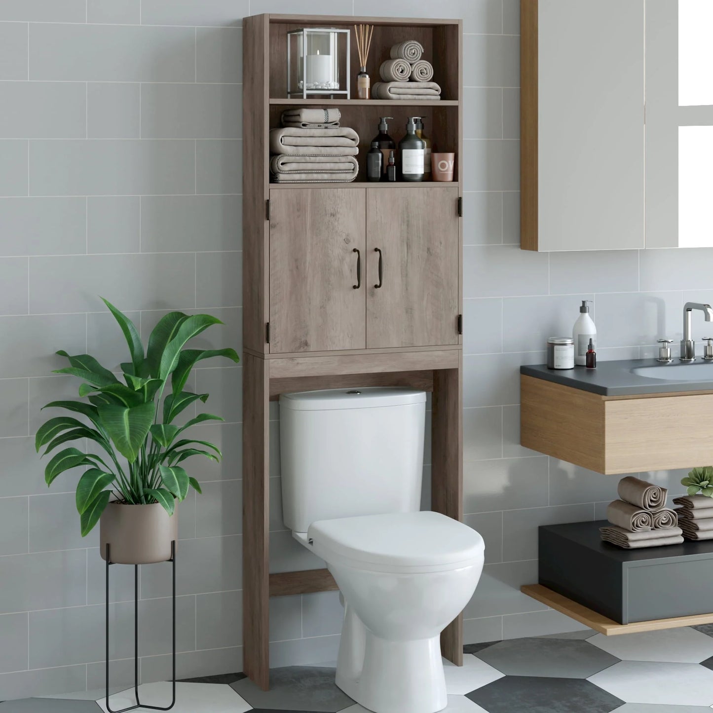 Homfa over Toilet Storage Rack, Bathroom Storage Cabinet over Toilet with 4-tier Shelves and 2 Doors, Gray Finish