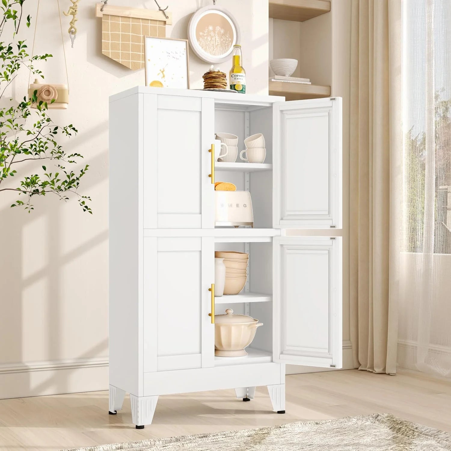 47.25" Metal Pantry Cabinet, Storage Cabinets with 4 Door and 2 Adjustable Shelves, White Bathroom Cabinet, Freestanding Cupboard for Kitchen Dining Living Room Bathroom