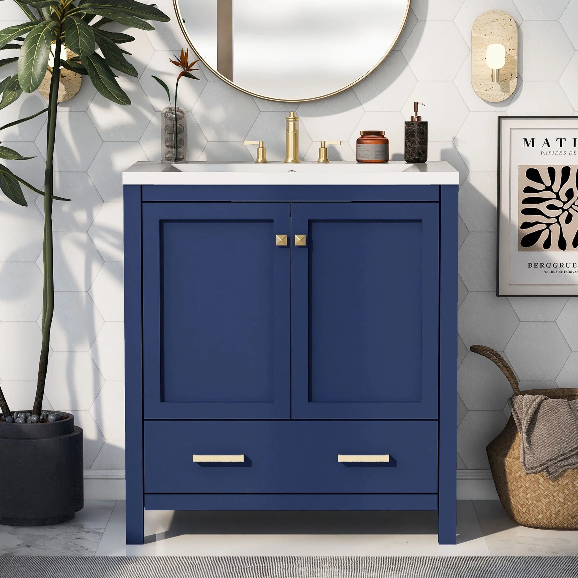 Harper & Bright Designs 30" White Bathroom Vanity with Single Sink, Bathroom Combo Cabinet Undermount Sink with 2 Doors and a Drawer, Soft Closing, Multifunctional Storage, Solid Wood Frame