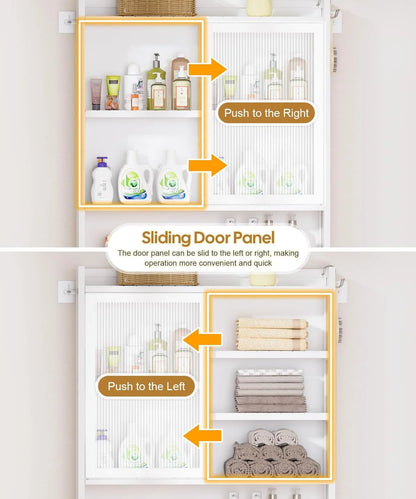 Over The Toilet Storage Cabinet with Acrylic Door Panel and Paper Towel Drawer, Bamboo Space Saver Shelf, Bathroom Organizer Rack Above WC (Without Power Strip, White)