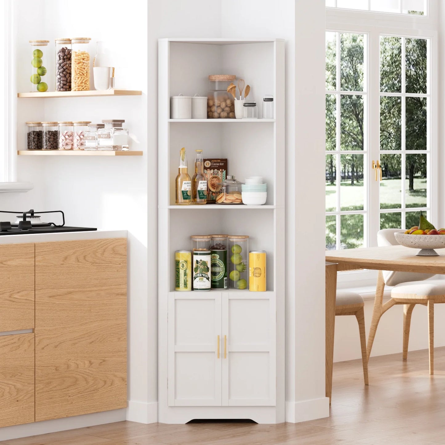 67'' Tall Corner Storage Cabinet with 2 Barn Doors for Living Room, Kitchen, Bathroom, Laundry Room, White
