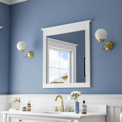 ANGELES HOME 33" x 32" Wall-Mounted Vanity Mirror, Solid Wooden Framed Makeup Mirror, Bathroom Wall Mirror for Bedroom Living Room Entryway, White