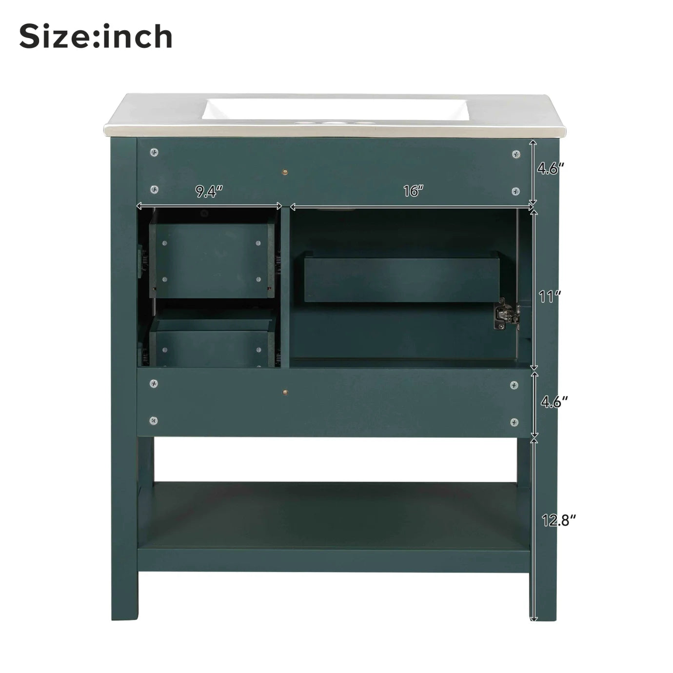 30" Transitional Green Bathroom Vanity with Sink Combo, Solid Wood Storage Cabinet featuring Soft Close Doors & 2 Drawers, Open Shelf, Waterproof Design & Easy Assembly for Modern Bathrooms