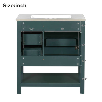 30" Transitional Green Bathroom Vanity with Sink Combo, Solid Wood Storage Cabinet featuring Soft Close Doors & 2 Drawers, Open Shelf, Waterproof Design & Easy Assembly for Modern Bathrooms