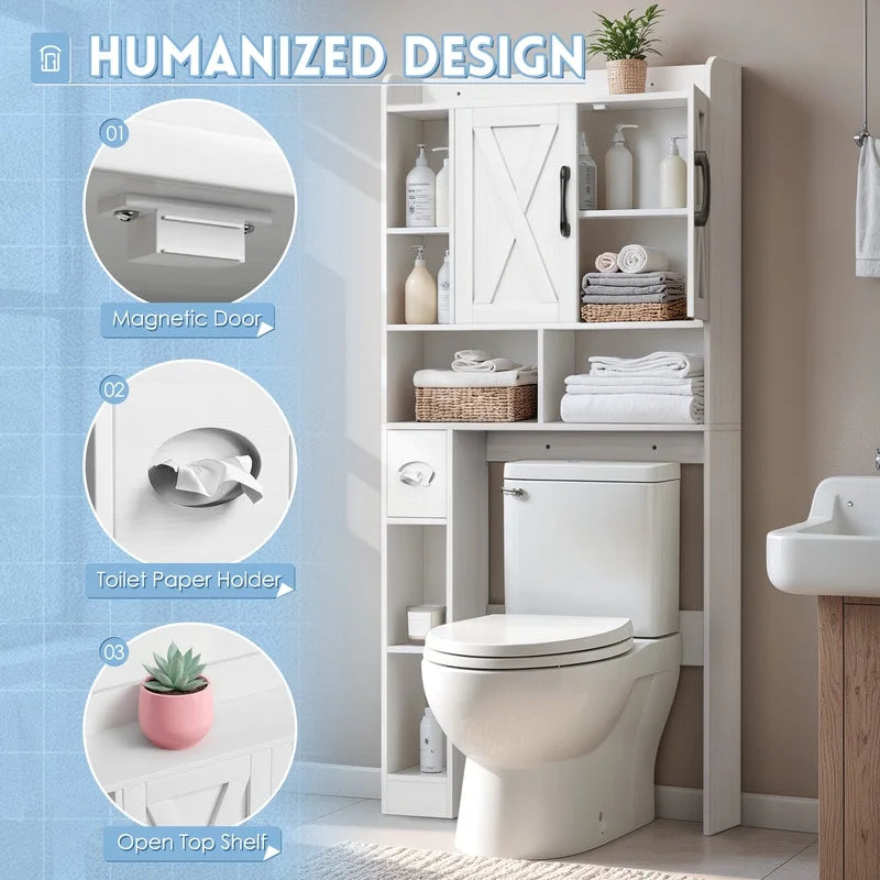 Furmax Farmhouse Style Over The Toilet Storage Cabinet with Barn Doors, Space Saver with Toilet Paper Holder for Bathroom and Restroom, White