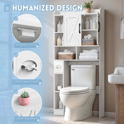 Furmax Farmhouse Style Over The Toilet Storage Cabinet with Barn Doors, Space Saver with Toilet Paper Holder for Bathroom and Restroom, White