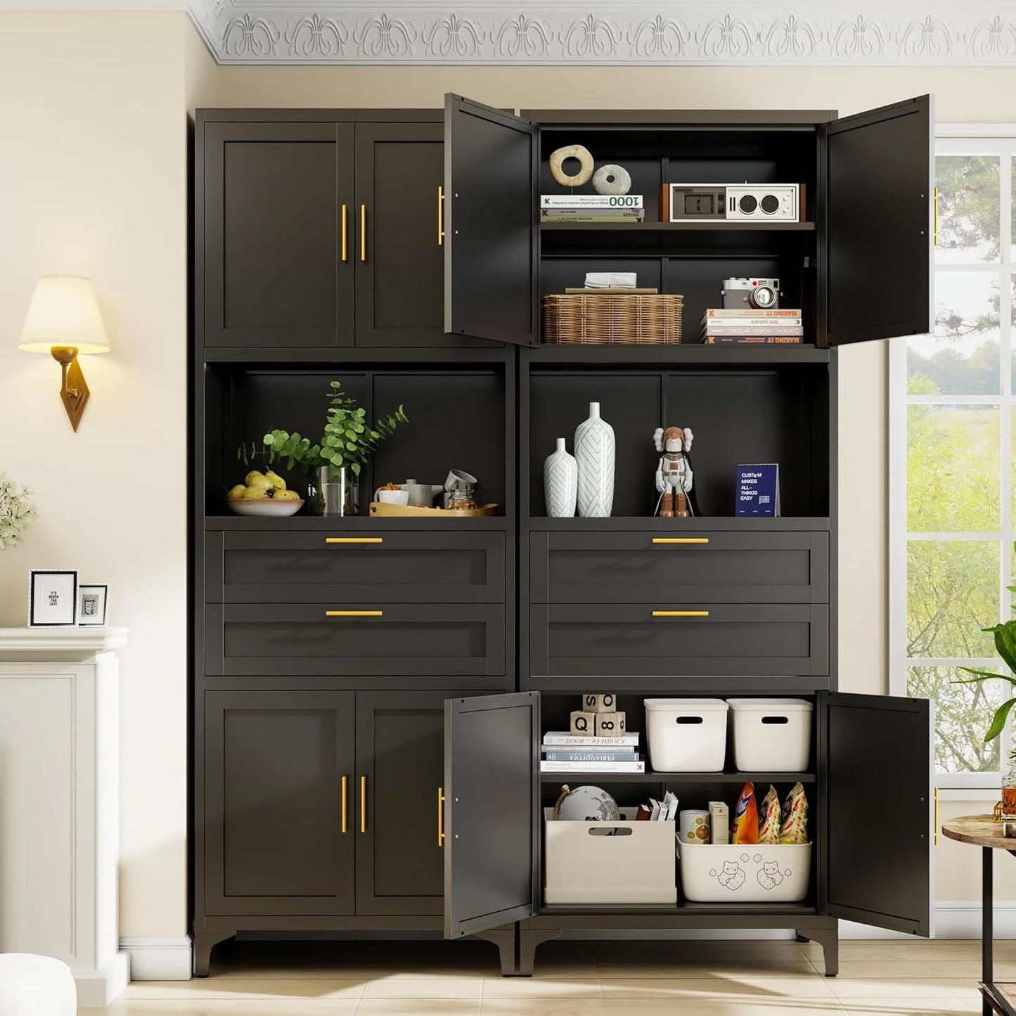 75�� Tall Kitchen Pantry Storage Cabinet, Metal Storage Cabinet with 2 Drawers and Adjustable Shelves, Kitchen Pantry Cupboard, Freestanding Cupboard for Bathroom, Living Room(Black)