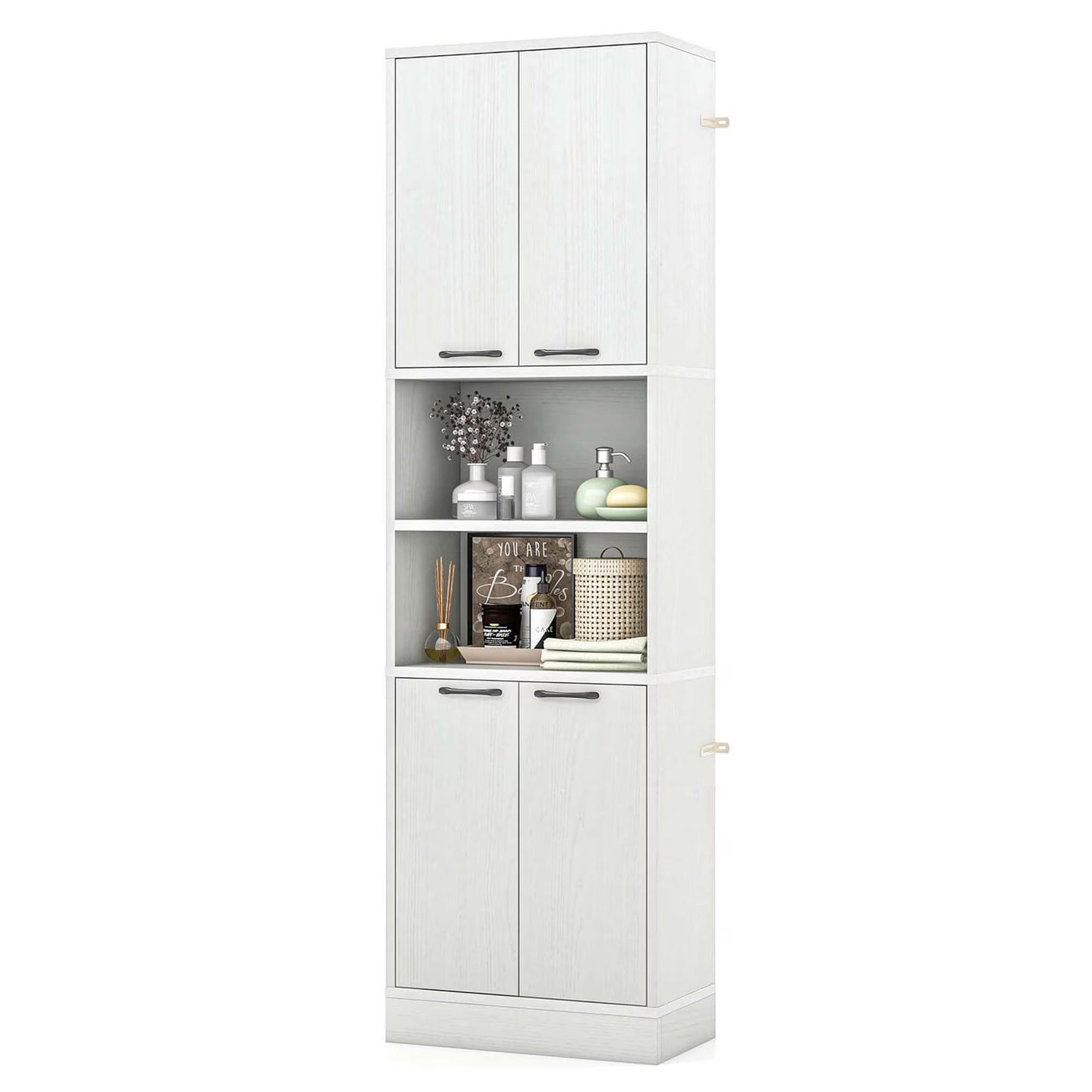 Costway 75" Tall Bathroom Storage Cabinet with 4 Doors & 2 Open Compartments Freestanding White
